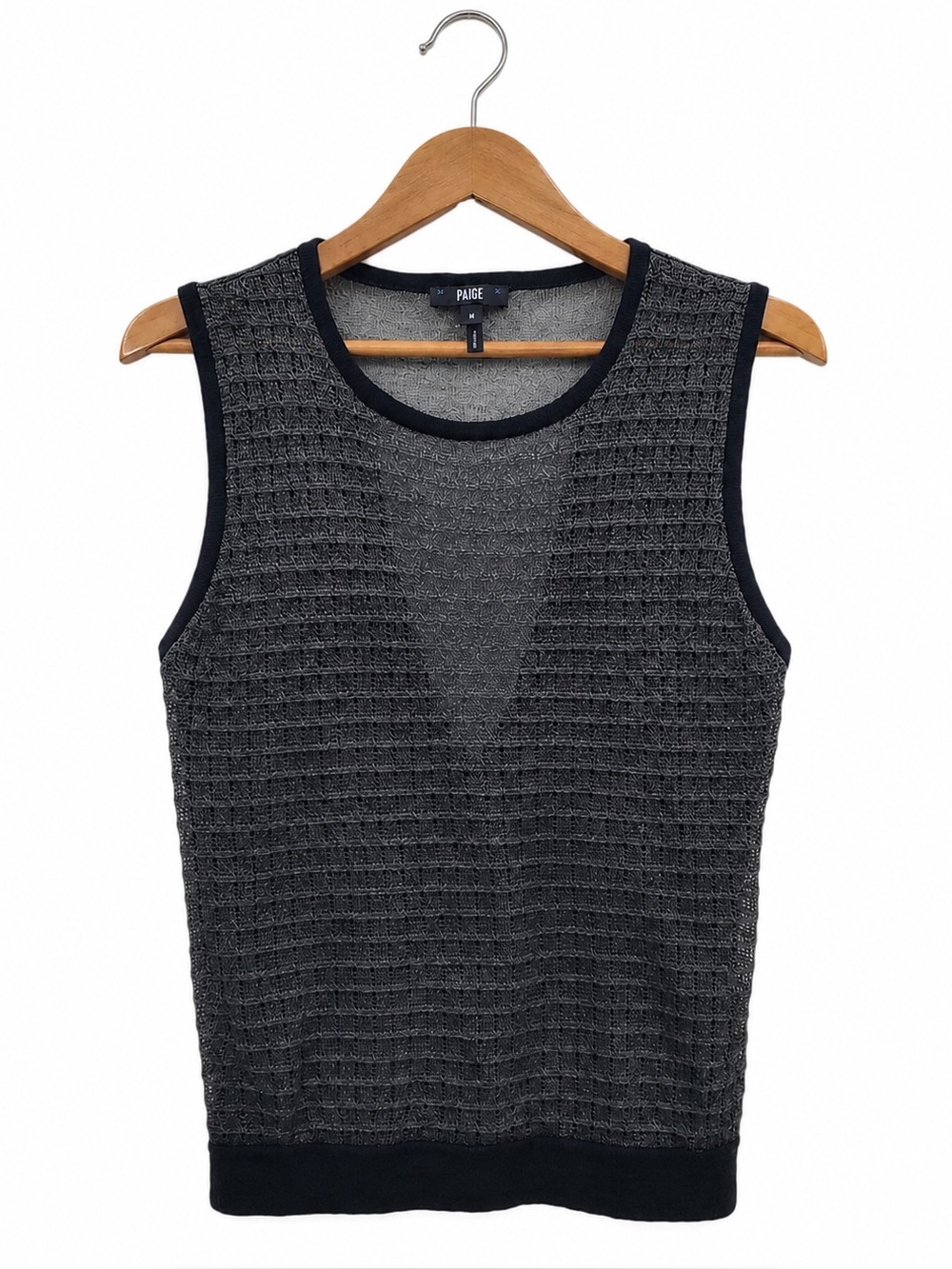 PAIGE Abril Black Charcoal Metallic Semi-Sheer Sleeveless Knit Top Vest M